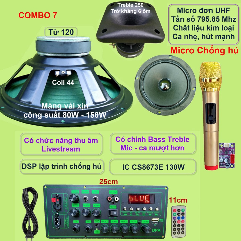 Mạch loa kéo 3 tấc đơn CS8673E 130W, thu âm LIVESTREAM, DSP lập trình chống hú có chỉnh Bass Treble