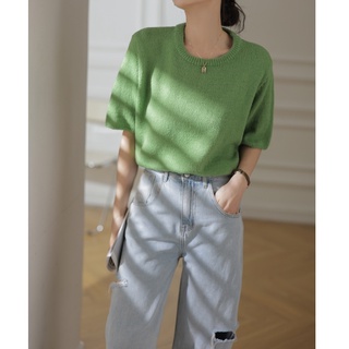 Áo Len Chui Đầu Cổ Tròn Ngắn Tay Màu Xanh Lá Thời Trang Mùa Xuân 49297