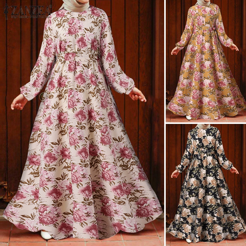 Zanzea Đầm Maxi Tay Dài Hoạ Tiết Hoa Thêu Cho Phụ Nữ Islam