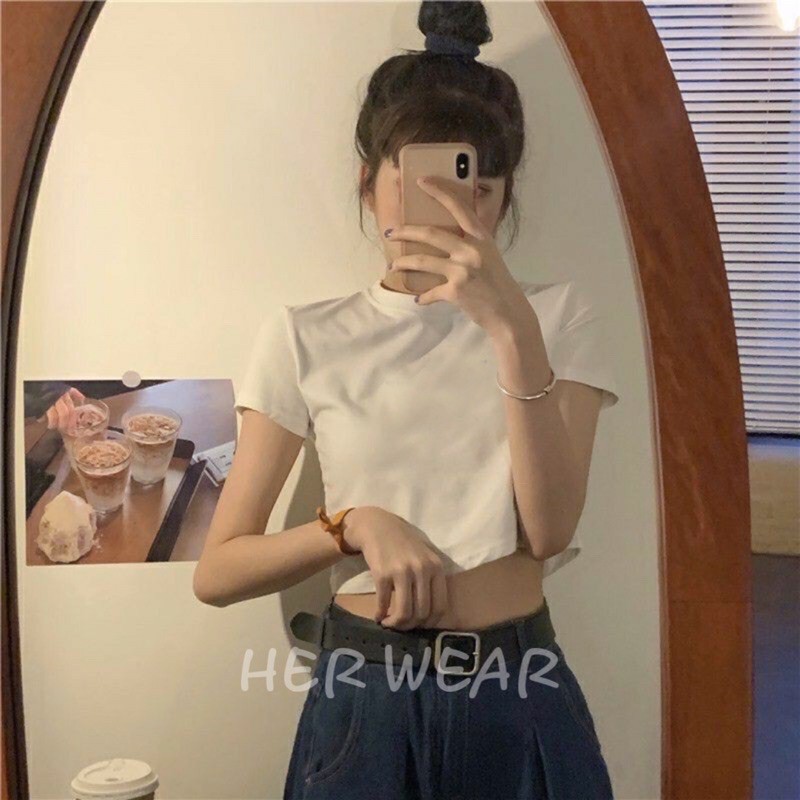 Áo Croptop (crt) trơn tay ngắn, cổ tròn cotton co dãn 4 chiều. | BigBuy360 - bigbuy360.vn