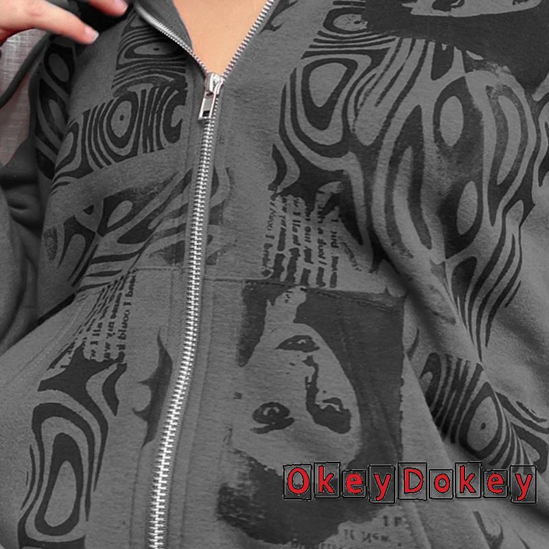 OKDK-y2k Women’s Full Zip Hoodies Fashion Portrait Print Long Sleeve Loose Sweatshirt Tops