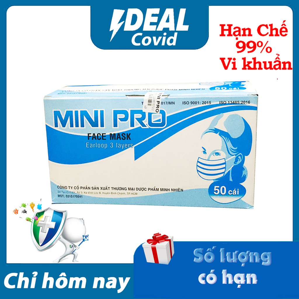 Khẩu Trang Kháng Khuẩn Mini Pro Xanh 3 Lớp 50 Cái, lọc đến 100% hạt bụi lớn và lọc hơn 95% bụi bẩn hiệu quả