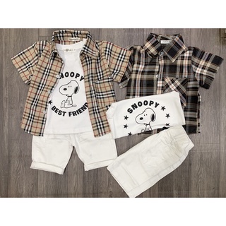 SETB10 Bộ Ngắn Bé Trai khoác sơ mi Áo ba lỗ hình Snoopy Quần KaKi Jean Mềm Cho Trẻ 8kg đến 18kg