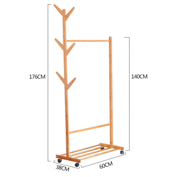 Giá treo quần áo 1 tầng bằng gỗ tự nhiên có bánh xe