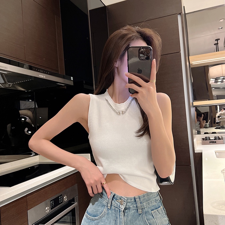 Áo dệt kim SUXI sát nách cổ tròn màu trơn phối dây xích dễ thương