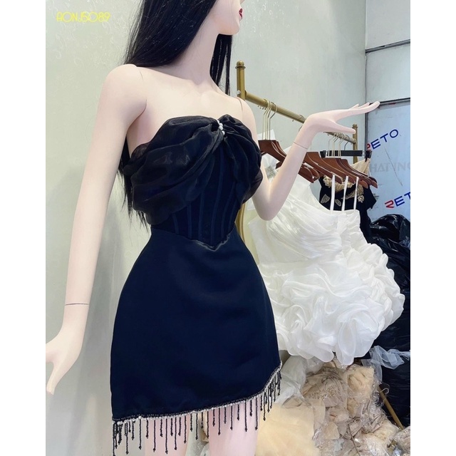 Đầm dáng midi ngắn TRIPBLE T DRESS bẹt vai xếp voan kính phối tua rua - size S/M/L - MS226Y