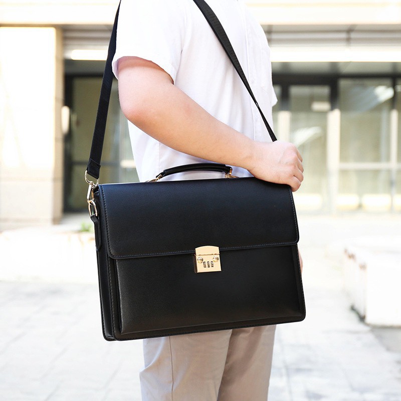 túi máy tính xách tay cho nữ Túi xách cặp da giáo viên đựng laptop 14 inch da bò công sở T21 khóa số (Nâu-Đen) | BigBuy360 - bigbuy360.vn