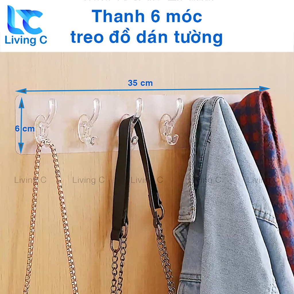 Móc treo quần áo dán tường Living C, giá treo đồ 6 móc kép nhựa loại lớn không cần khoan đục tiện lợi _6M