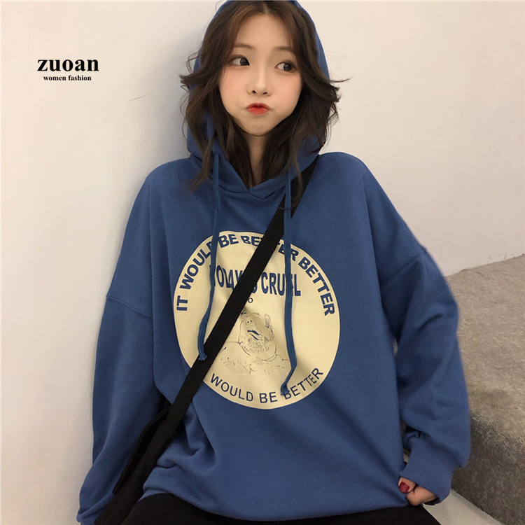 SUXI Áo len có mũ trùm đầu dáng rộng họa tiết in chữ cái hình tròn dài tay cho nữ