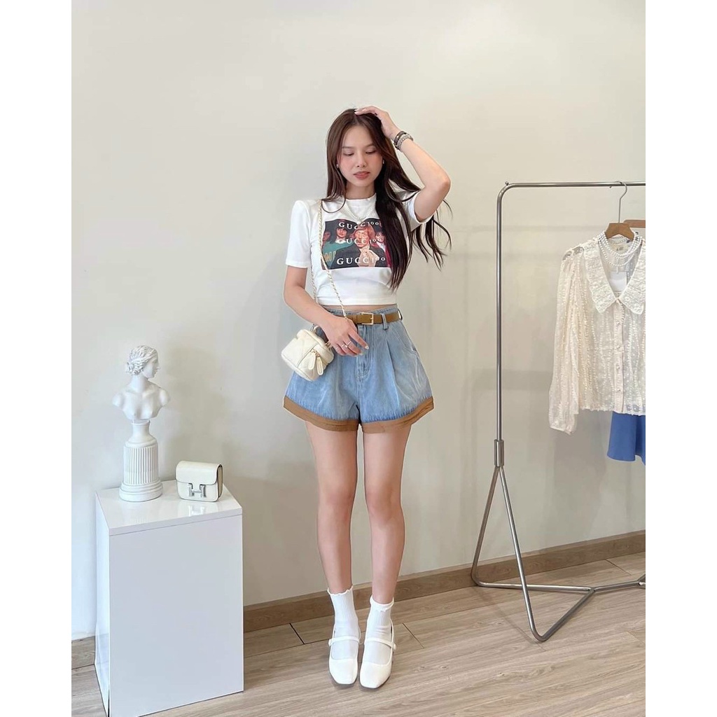 Quần đùi jean nữ denim hot ống xoè viền màu ko kèm nịt nhe