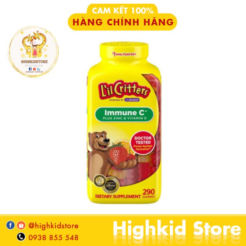 (Date mới 2023) Kẹo dẻo gấu bổ sung Vitamin C, Vitamin D và Kẽm L’il Critters Immune C plus Zn & Vitamin D 290 viên
