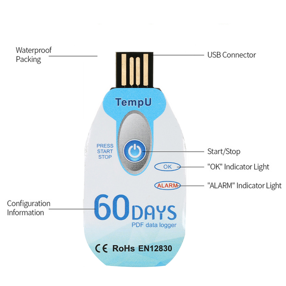 Bộ ghi dữ liệu nhiệt độ PDF không thấm nước USB 2.0 dùng một lần Máy ghi nhiệt kế dây chuyền lạnh 60 ngày