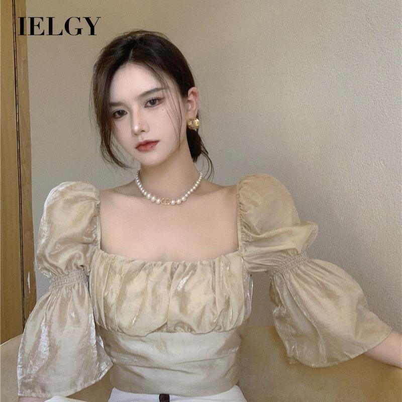 Áo croptop IELGY trễ vai cổ vuông tay phồng thời trang cho nữ