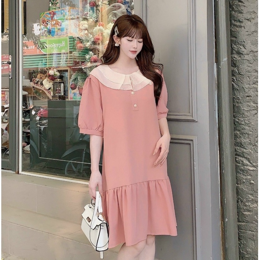 Váy bầu xuông cổ sen thời trang thiết kế ngắn tay M516 vải cát hàn Mom and Baby
