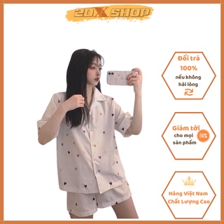 Bộ Quần Áo Ngủ Chất Đũi In Hình Trái Tim Hot Trend