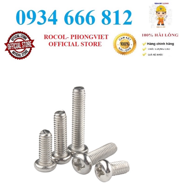 Set 50 cái M3-M6 Vít pake đầu tròn thân bulong inox304 M3, M4, M5, M6