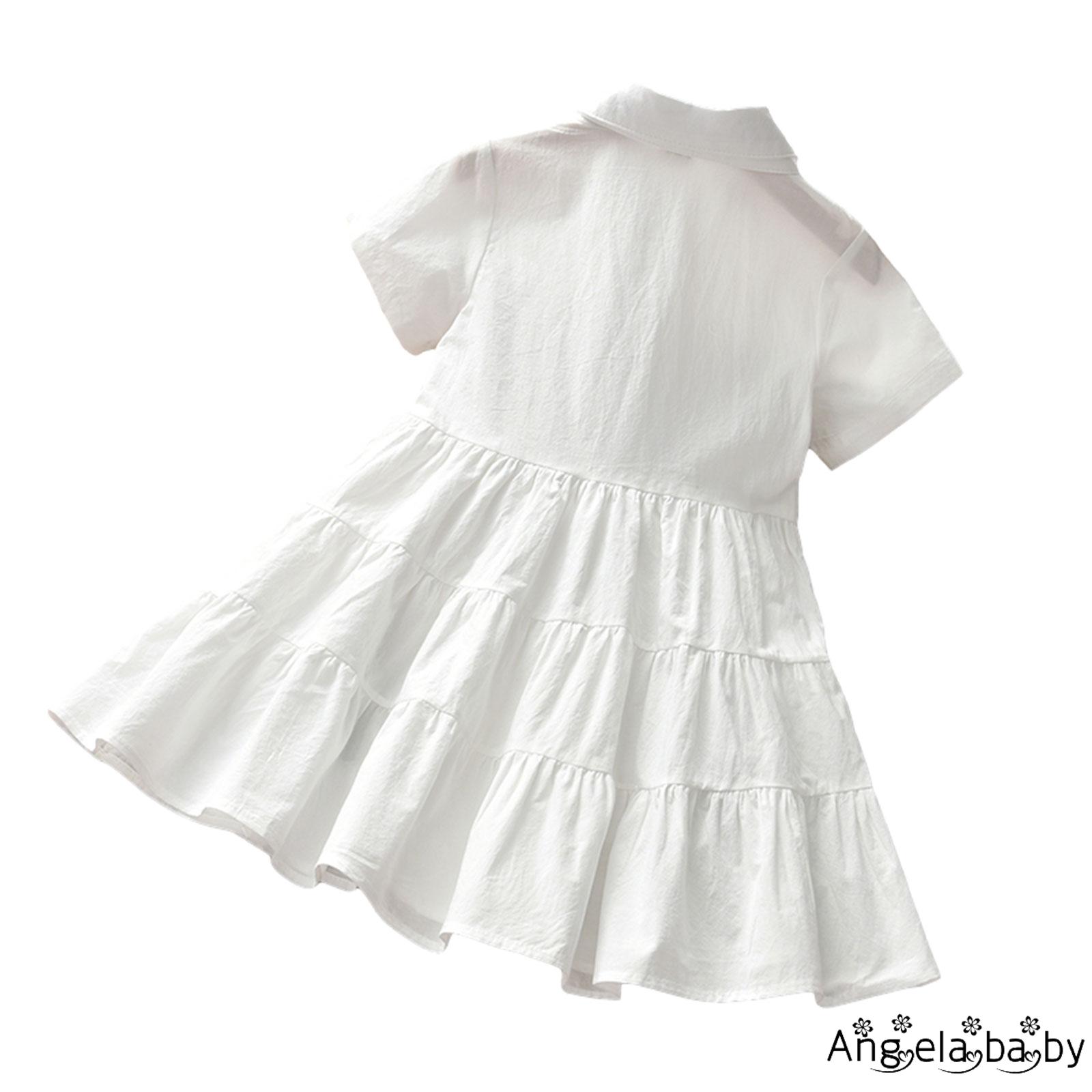 HIAN-Little Girls Summer Lapel Dress, Short Sleeve Solid Color Button Front Loose Fit Dress