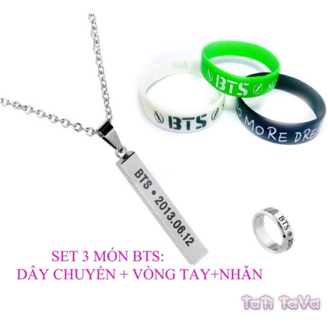 SET 3 món Dây chuyền, Vòng Tay, Nhẫn BTS hoặc Tên Thành Viên Tatitava