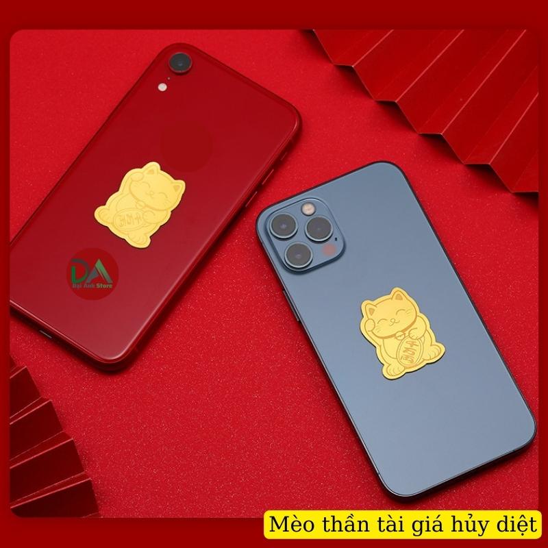 Miếng dán mèo thần tài 24k, mèo vàng may mắn tài lộc trang trí làm đẹp lưng điện thoại