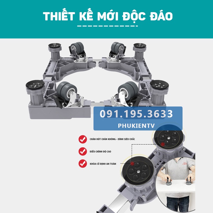 Chân đế máy giặt, tủ lạnh 4 Trụ - 4 Bánh Xe - ErgoTek MG4T4B - Kệ Để Máy Sấy - Máy Rửa Bát Cao Cấp