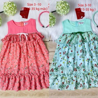 Size 3-10 đầm voan bèo tầng, kèm băng đô tai thỏ xanh / hồng