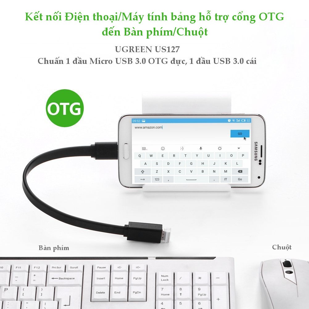 Dây Micro USB 3.0 OTG sang USB 3.0 dạng dẹt dài 20CM UGREEN US127 10801 (đen)