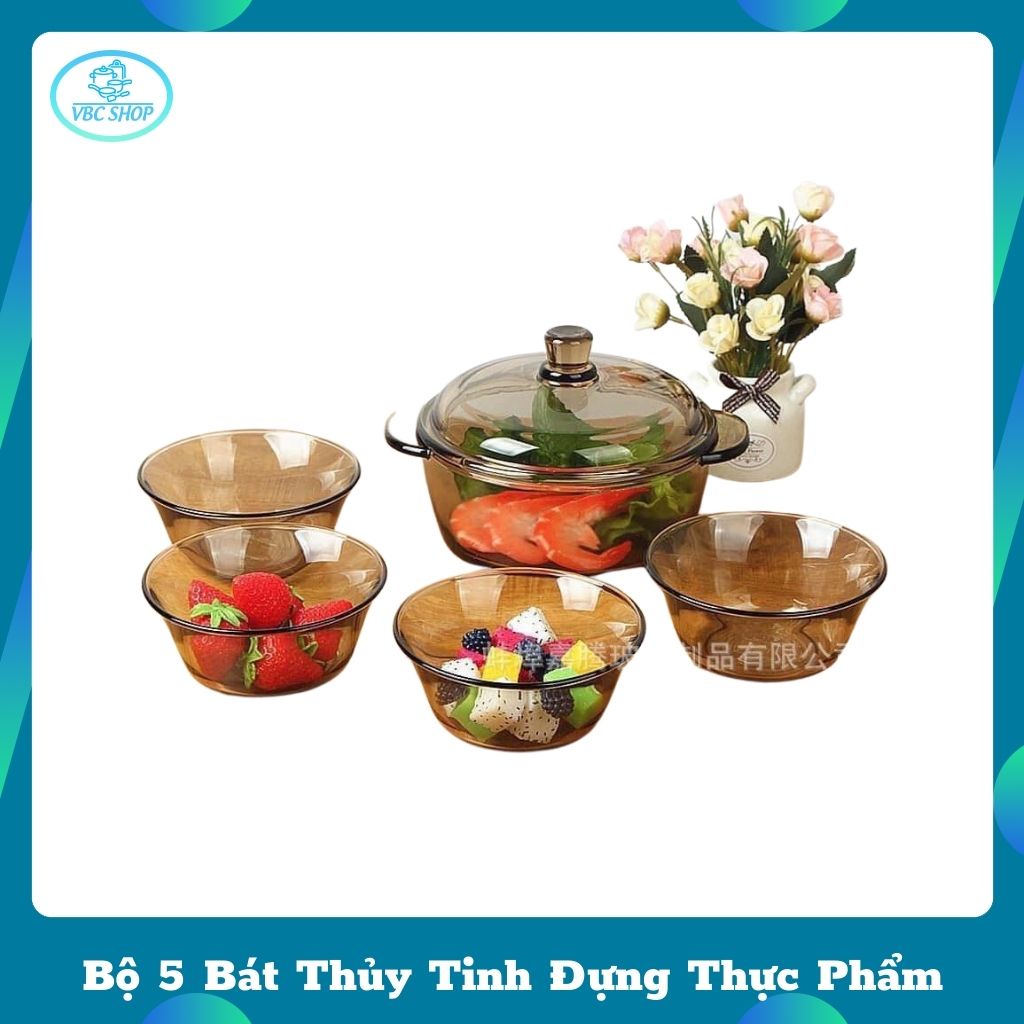 Bộ 5 Món Bát Thủy Tinh  Đựng Đồ Thực Phẩm Tiện Dụng, Bộ Bát Đựng Thực Phẩm Đa Năng