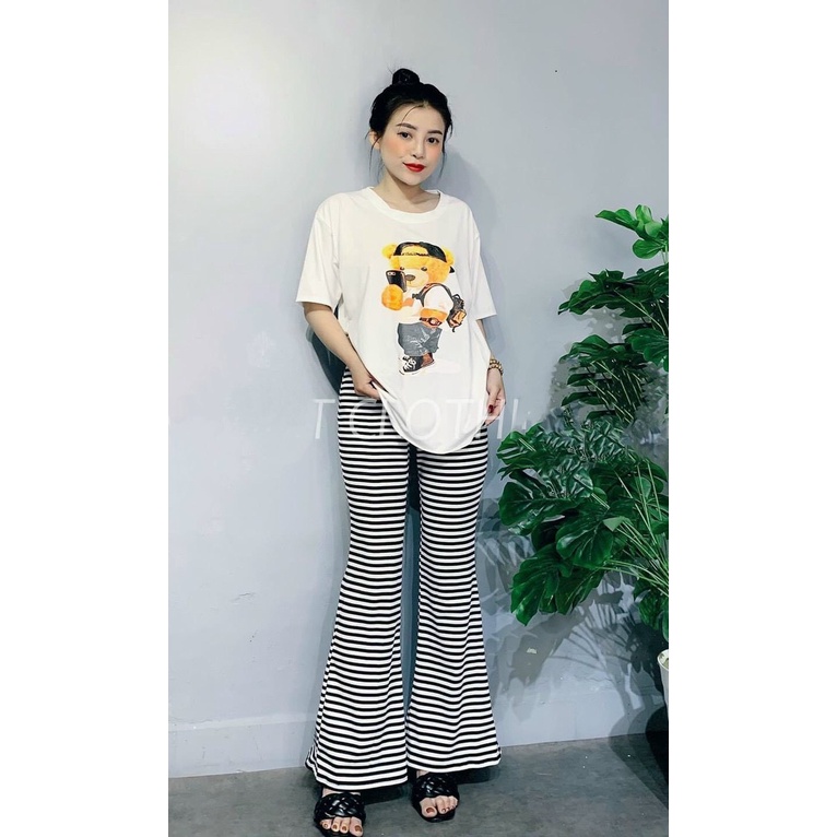 Quần thun ống loe phối màu sọc ngang cực hot , chất coton mềm mịn co giãn