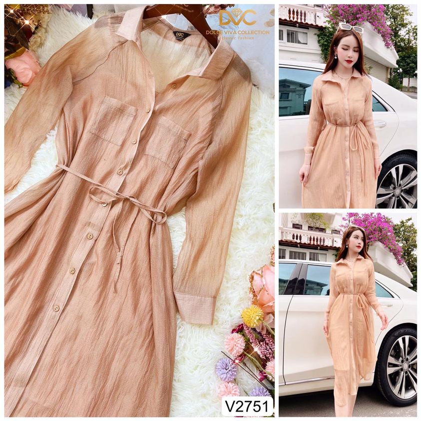 Váy voan tơ hàn kiểu sơ mi dáng dài siêu hot V2751
