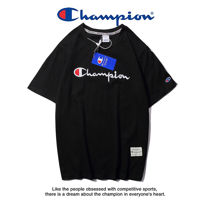 Áo thun cotton ngắn tay thêu hình logo Champion dáng rộng thời trang unisex