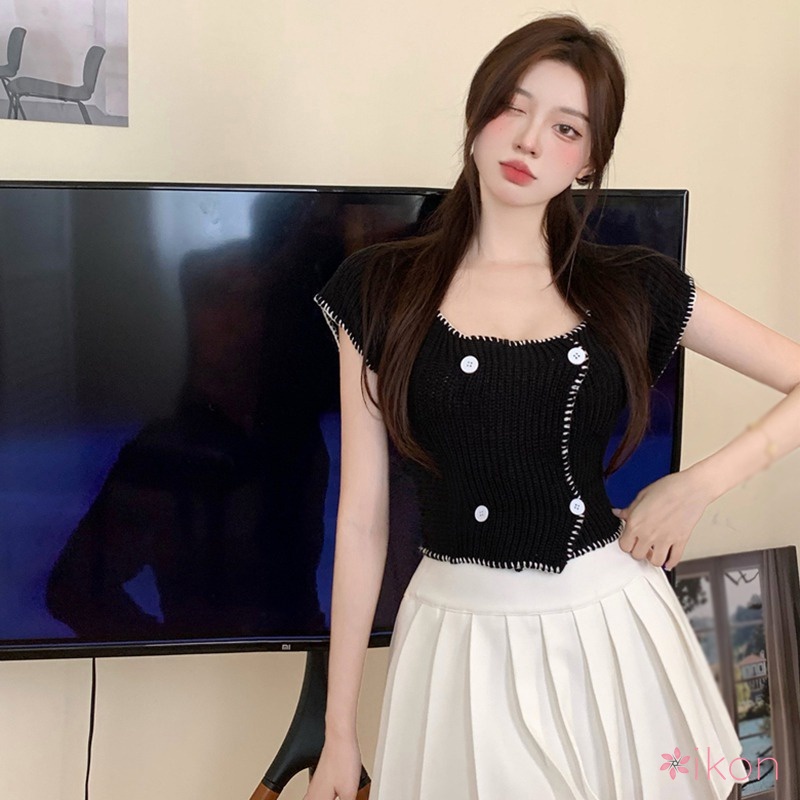 Áo Croptop Dệt Kim Tay Ngắn Thiết Kế Dây Đan Lưng Phong Cách Hàn Quốc