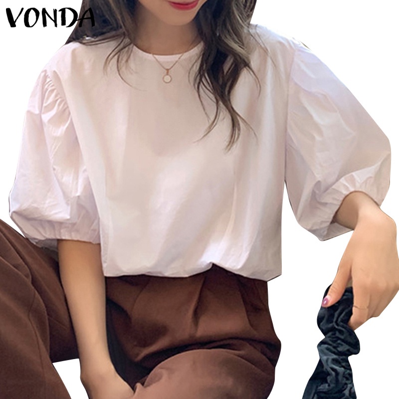 Áo kiểu VONDA tay lửng cổ tròn dáng rộng màu trơn kiểu Hàn Quốc giản dị cho nữ