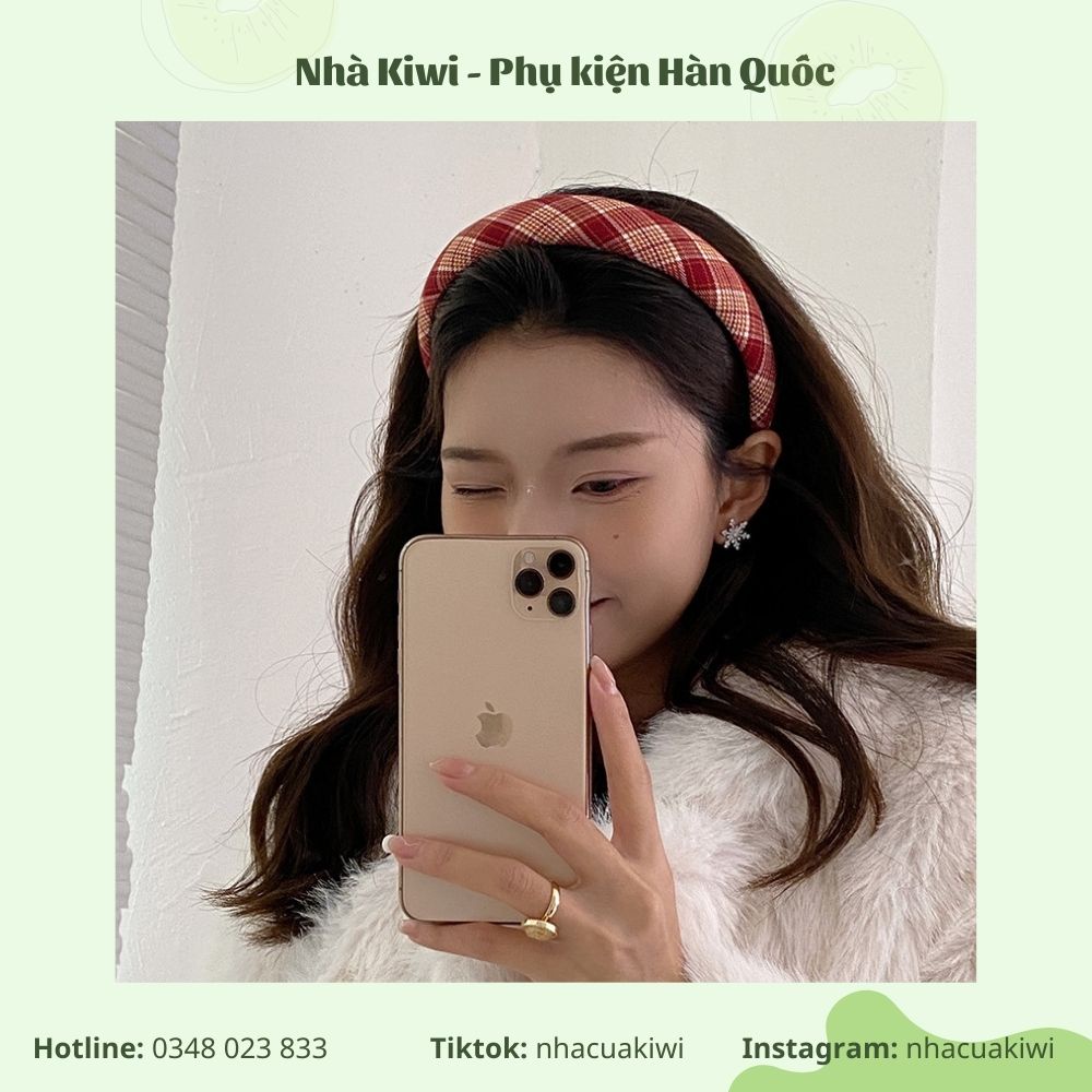 Băng đô cài tóc sọc caro tone màu đỏ phong cách mạnh mẽ đáng yêu