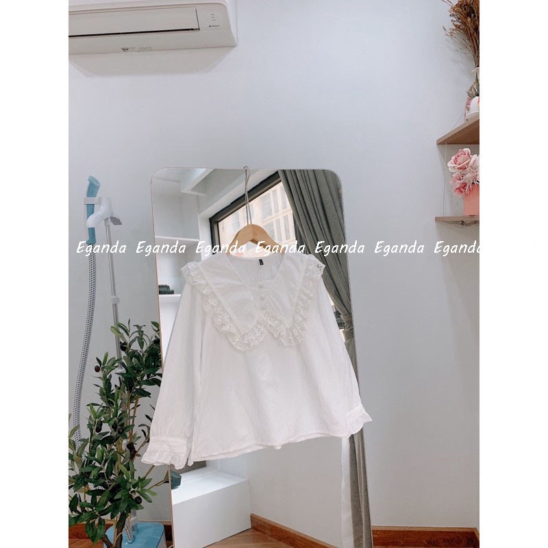 Áo sơ mi viền ren cúc bọc dài tay Ulzzang, sơ mi cổ bèo đính 2 cúc bọc.
