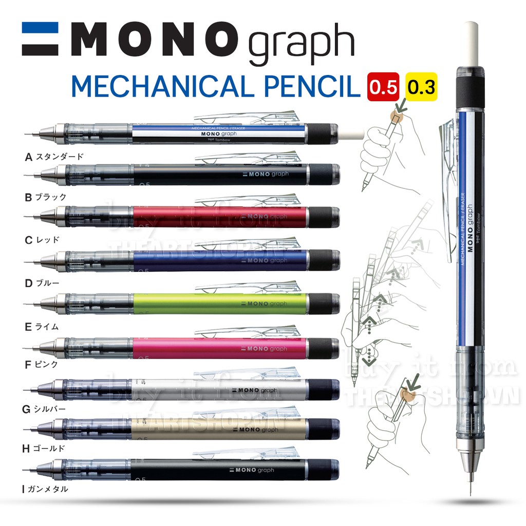 Bút chì cơ khí lắc đẩy ngòi TOMBOW Mono Graph cao cấp Nhật Bản ngòi 0.3mm/0.5mm