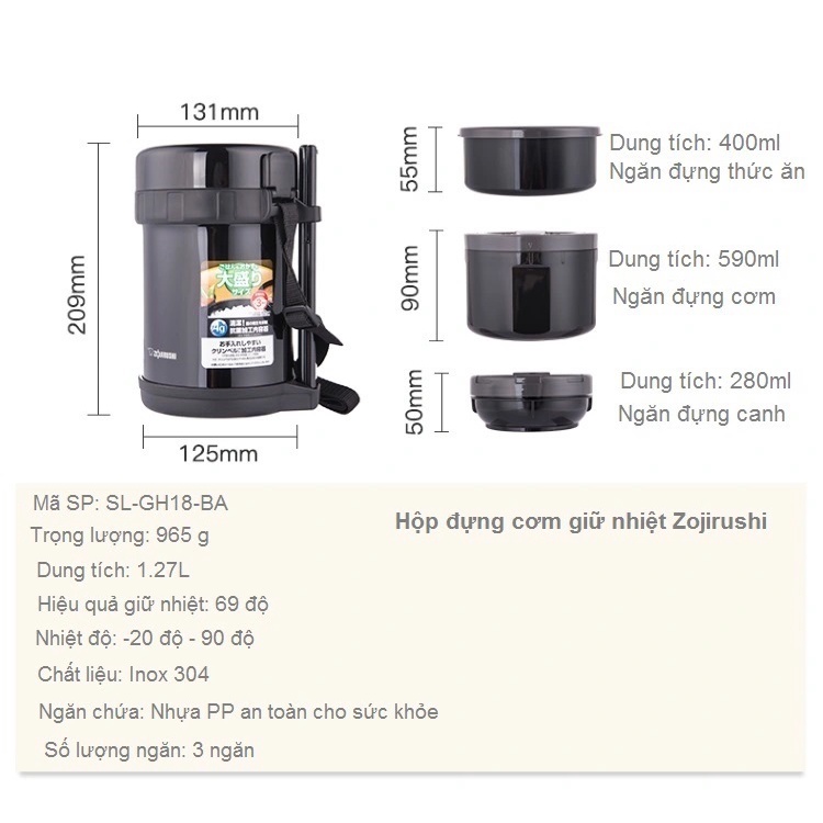 Hộp cơm giữ nhiệt 3 ngăn Thái Lan Zojirushi SL-GH18 dung tích 1,27L