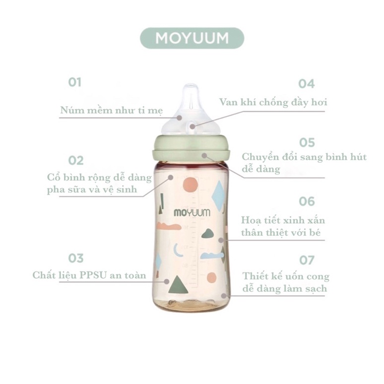 Bình sữa Moyuum Limited Cloud/ Moyuum Mây phiên bản giới hạn họa tiết xanh lá 170ml/270ml ( Được chọn núm như ý )