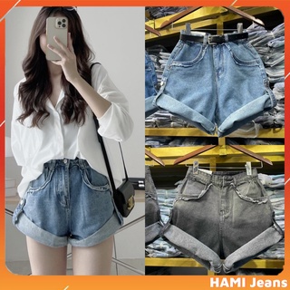 Quần short jean nữ lưng cao quần đùi jean gấp lai màu xám loang
