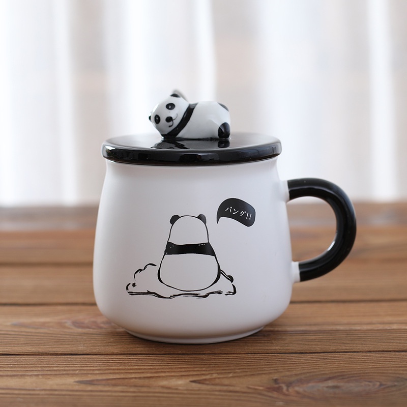 LY CỐC SỨ CẶP ĐÔI CÓ NẮP HÌNH GẤU PANDA CỰC NGỖ NGHĨNH 400ML KÈM THÌA XINH XẮN