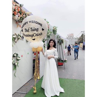 (nhận may theo size) có big Size đầm dạ hội phi trắng tay dài + cài đá ngôi sao, đầm cô dâu đơn giản,  đầm trắng dài