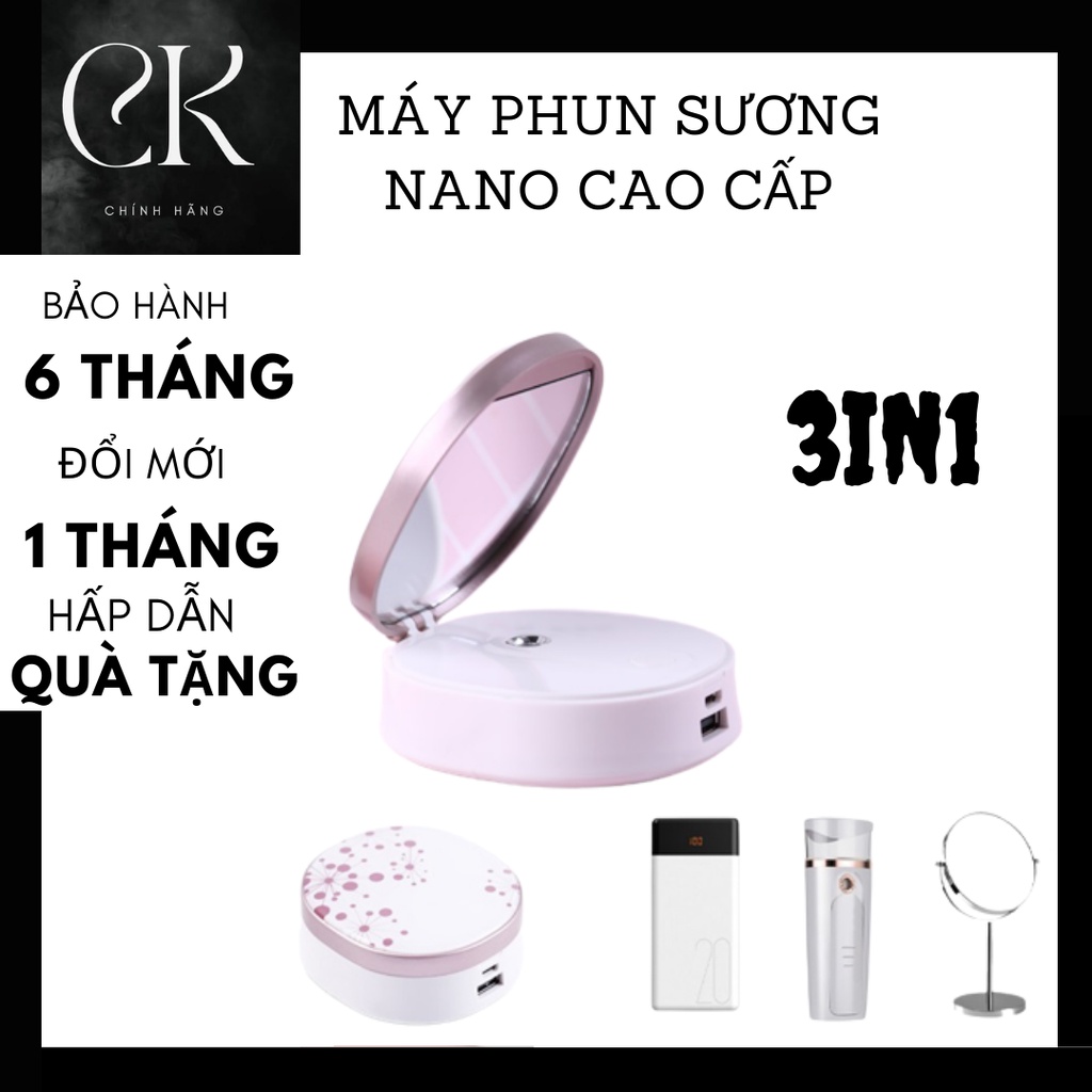 Máy phun sương nano mini tạo độ ẩm cầm tay đa năng 3in1 kết hợp gương mini trang điểm và sạc dự phòng MIRROR chính hãng