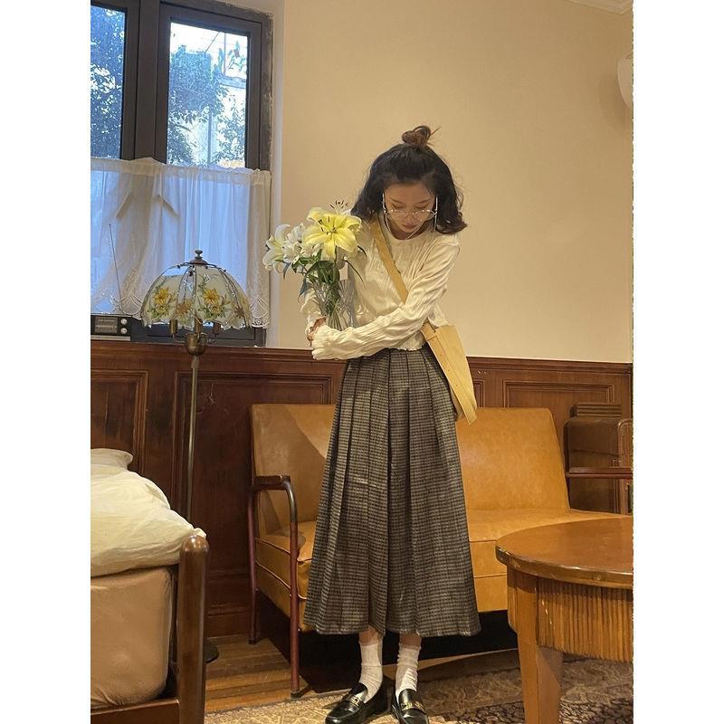 ✤♂✧Áo dài tay cổ tròn màu trơn thiết kế xếp ly phong cách Retro Pháp