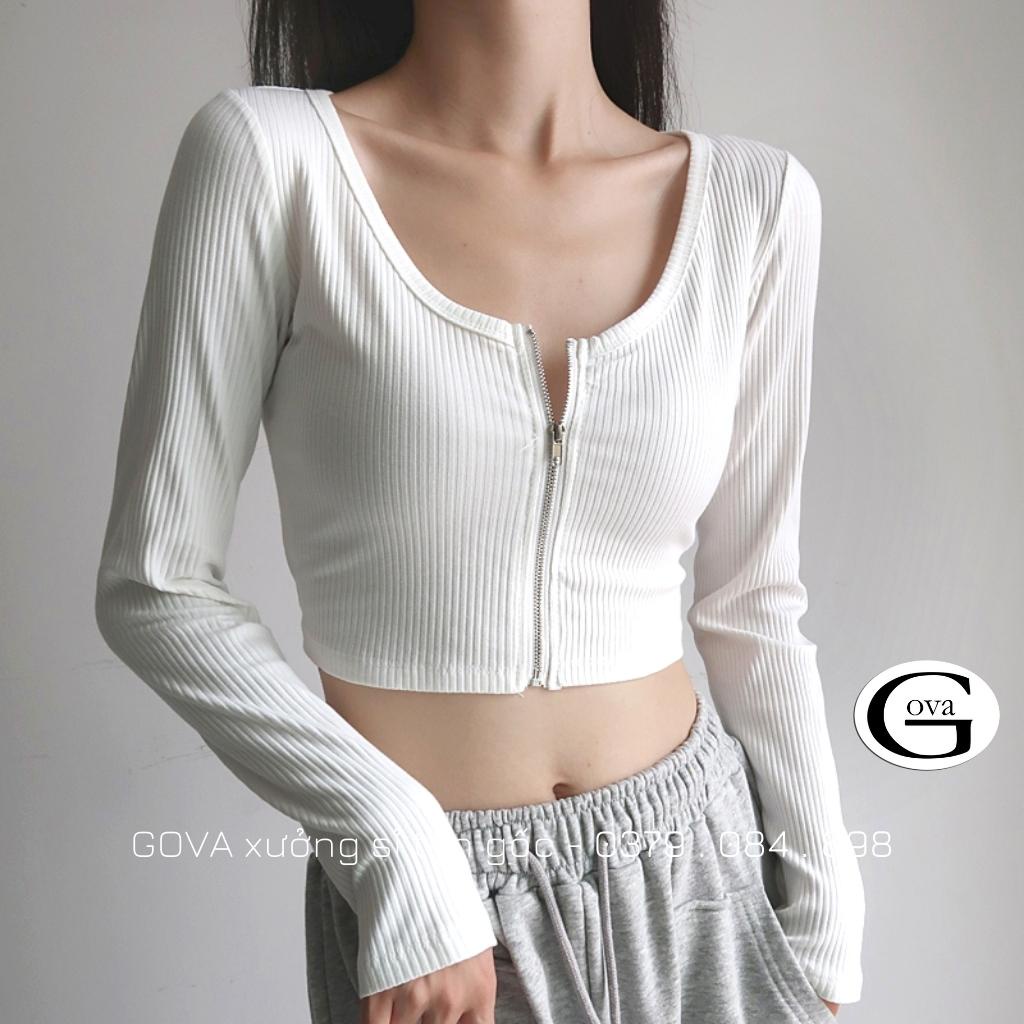 Áo croptop tay dài DÂY KÉO NGỰC thun gân Ulzzang, Áo thun nữ dài tay chất vải tốt mặc đẹp Satiny DB64