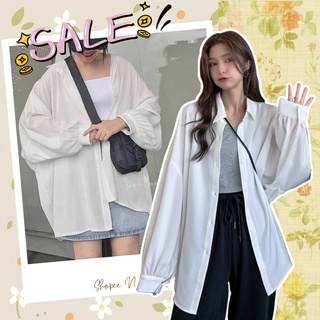 A017 Áo sơ mi nữ trắng tay bồng oversize dáng rộng cute Hàn Quốc, áo chống nắng cỡ to freesize trẻ trung dễ thương