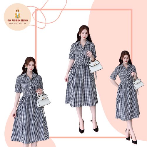 Váy dáng xuông họa tiết kẻ hot trend mặc đi học, đi làm