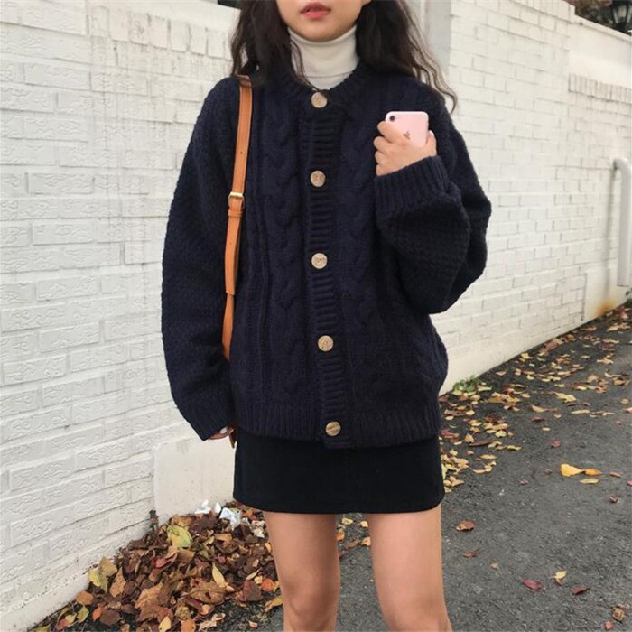 Áo khoác cardigan nữ len vặn thừng cổ tròn form gọn dáng vintage nhẹ nhàng Hàn Quốc