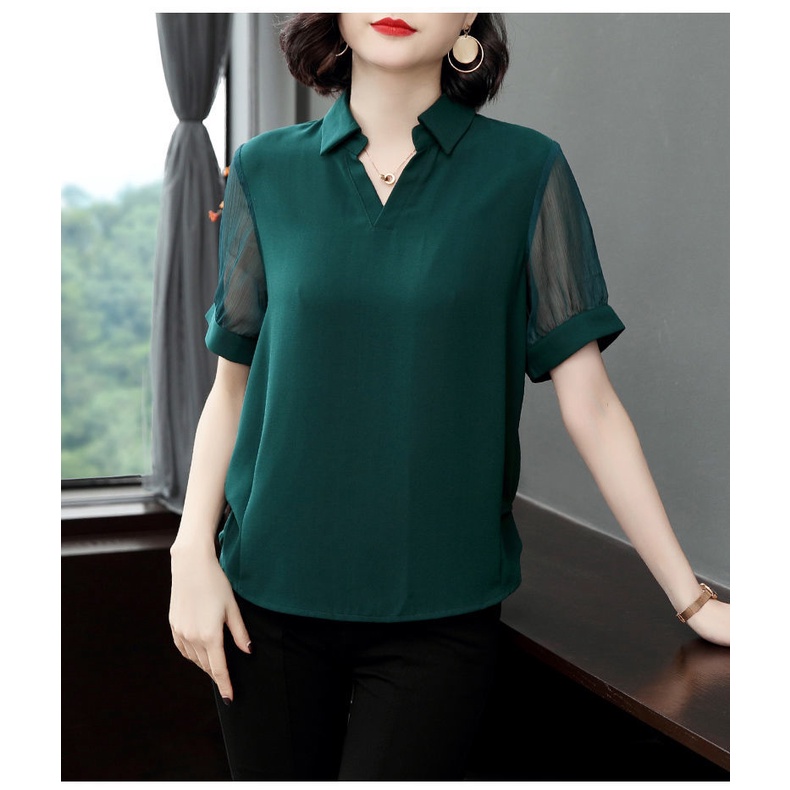 Áo kiểu tay dài cổ chữ V dáng rộng thời trang mùa thu cho phụ nữ trung niên