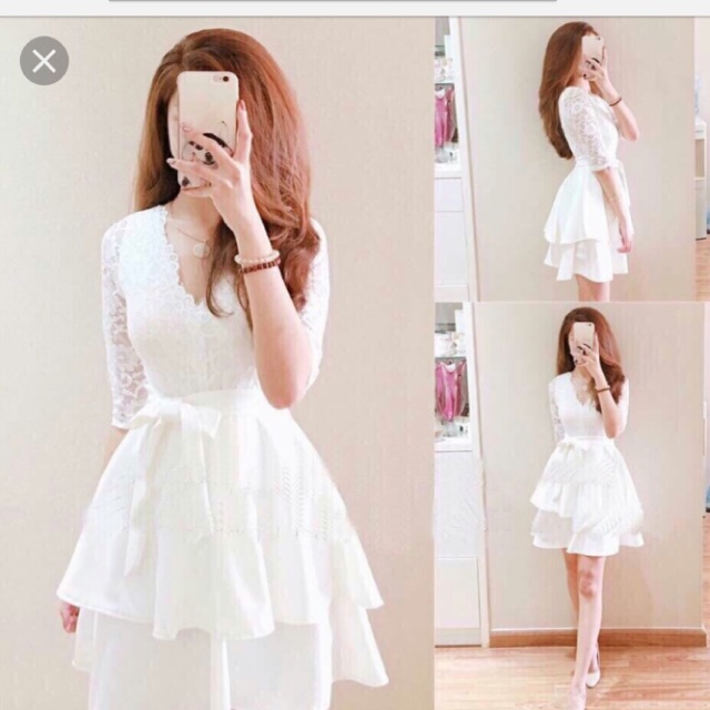 Đầm ren tầng phối nơ eo