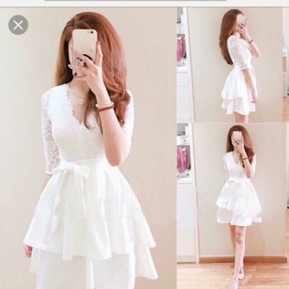 Đầm ren tầng phối nơ eo