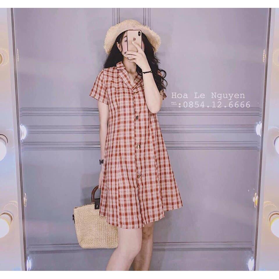 VÁY SƠMI KẺ CARO HỒNG ĐẤT